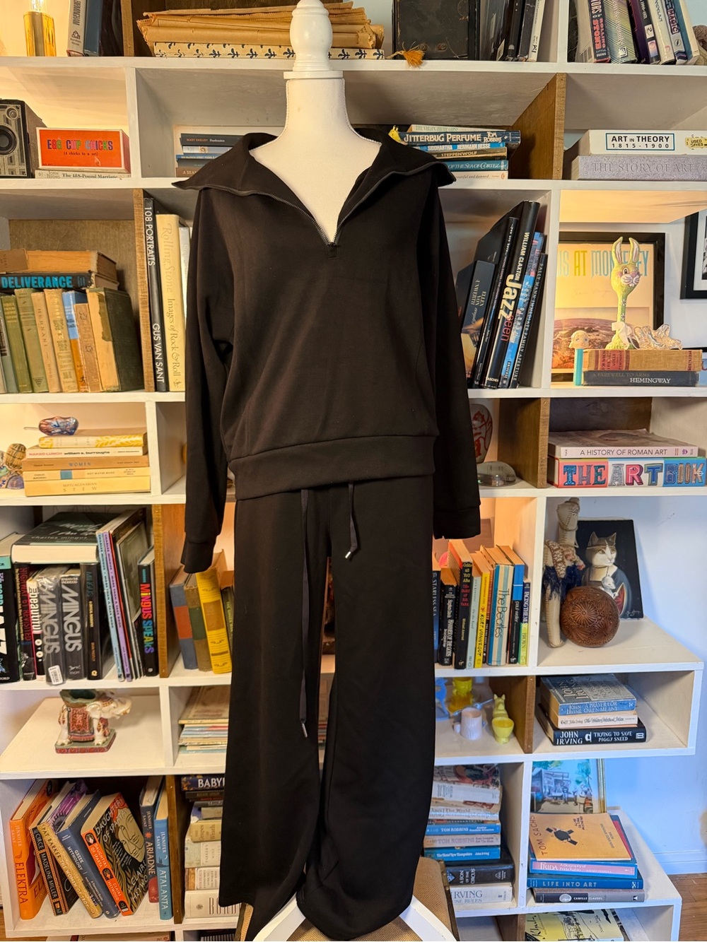 Black Women's Zip-Neck Sweatshirt & Drawstring Pants Set
